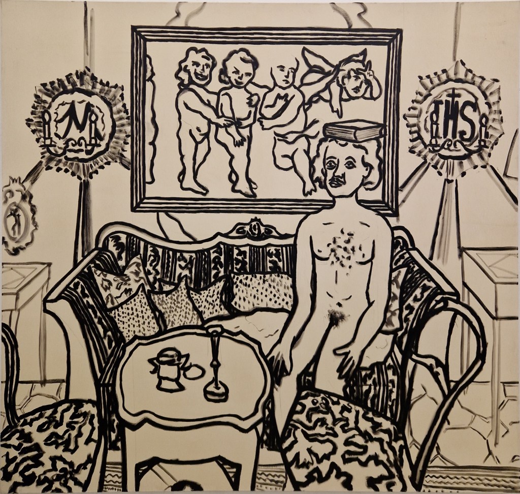 Schwarz-weiß gemalte Szene mit einem nackten Mann auf einem Sofa, umgeben von Kissen und einem Tisch mit einem Glas. Im Hintergrund ein Gemälde mit spielenden Kindern und dekorativen Elementen.